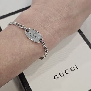 GUCCI Sterling Silver Logo Plate Bracelet AG925 Italy Chain Minimalist